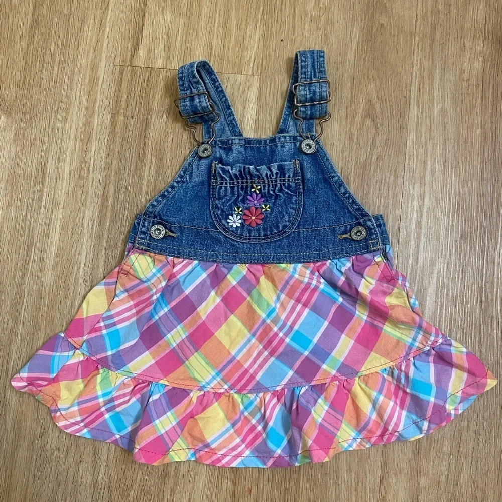 Vintage OshKosh B'gosh Blue Denim Overalls and Colorful Plaid Skirt
